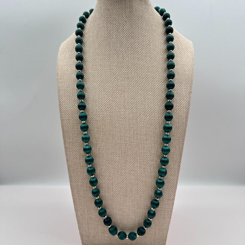 Vintage 80s 90s Beaded Necklace Woven Green And Gold Tone Bead Jewelry Retro Y2K - Picture 2 of 6